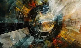 Vortice astratto di luce dorata e graffi scuri su fondo nero