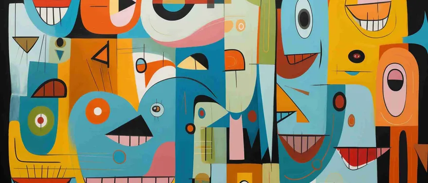 Collage cubista di volti sorridenti stilizzati in azzurro, giallo e arancione