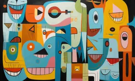 Collage cubista di volti sorridenti stilizzati in azzurro, giallo e arancione
