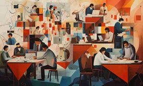 Scena d’ufficio in stile cubista: persone al lavoro fra scrivanie e forme geometriche rosse e blu
