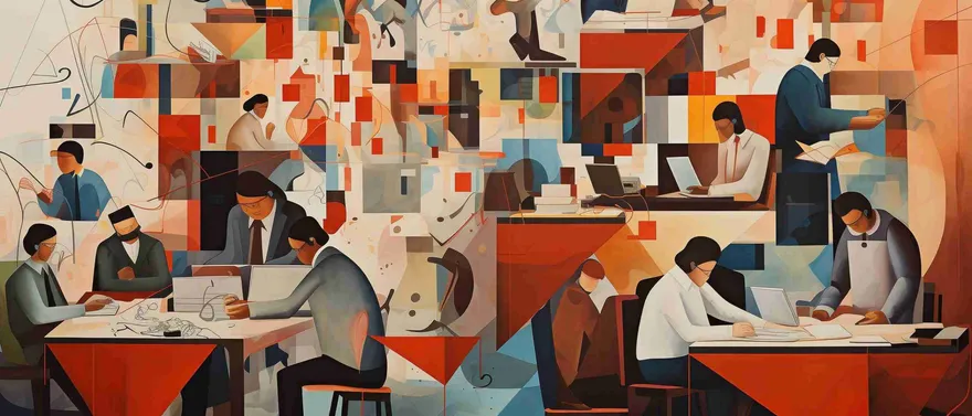 Scena d’ufficio in stile cubista: persone al lavoro fra scrivanie e forme geometriche rosse e blu