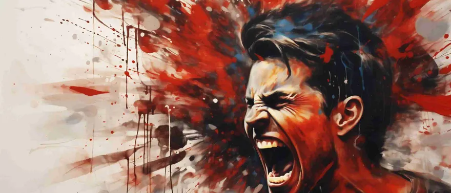 Uomo che urla a testa rovesciata, con schizzi di pittura rossa e nera che esplodono intorno