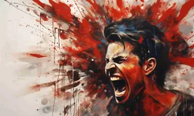 Uomo che urla a testa rovesciata, con schizzi di pittura rossa e nera che esplodono intorno