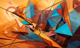 Schegge geometriche arancioni, rosse e azzurre che si intersecano