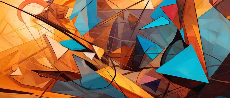 Schegge geometriche arancioni, rosse e azzurre che si intersecano