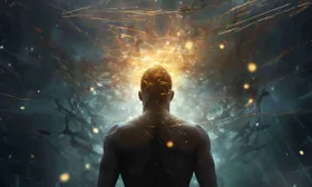 Silhouette di uomo di spalle con una luce dorata che si irradia dalla testa
