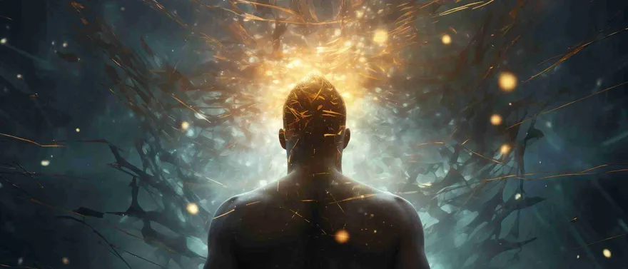 Silhouette di uomo di spalle con una luce dorata che si irradia dalla testa