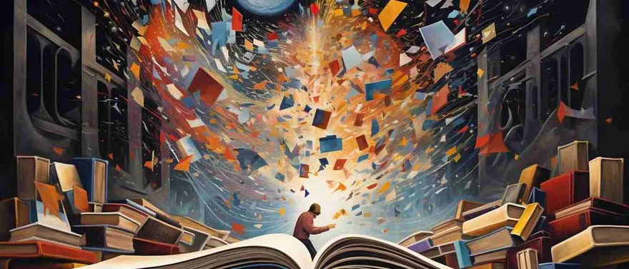 Libro aperto da cui esplodono frammenti colorati verso una luna azzurra, fra pile di volumi