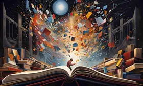 Libro aperto da cui esplodono frammenti colorati verso una luna azzurra, fra pile di volumi