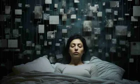 Donna sveglia a letto nella notte, con riquadri chiari sospesi sopra di lei