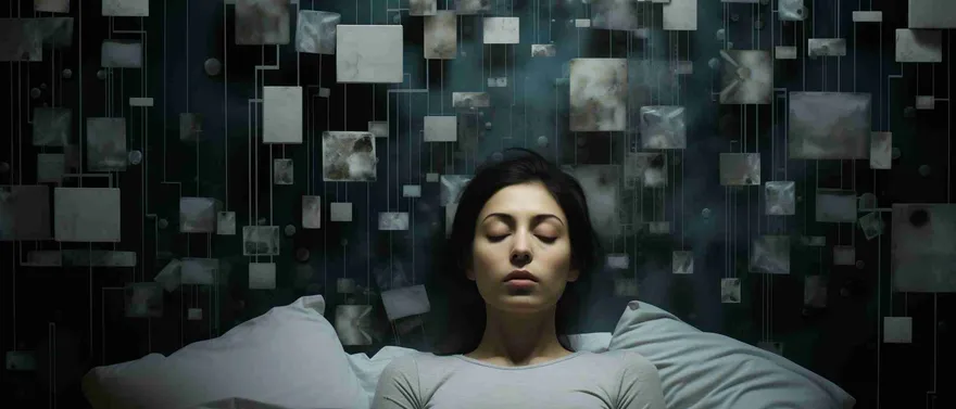Donna sveglia a letto nella notte, con riquadri chiari sospesi sopra di lei