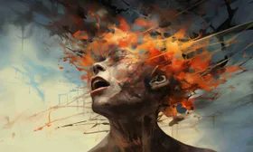 Volto reclinato all’indietro che si dissolve in schizzi arancioni e grigi