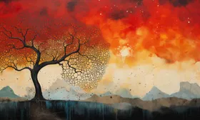 Albero spoglio dalla chioma dorata contro un cielo rosso, con montagne sullo sfondo
