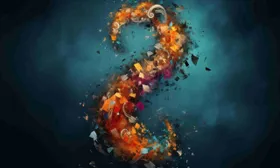 Punto interrogativo composto da frammenti colorati su fondo blu petrolio