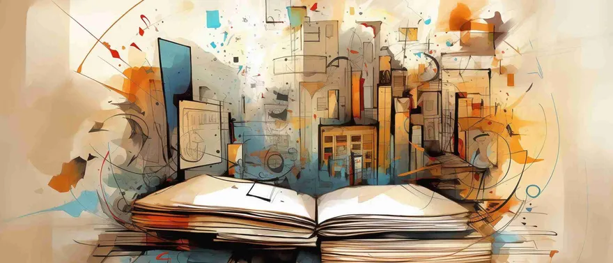 Libro aperto da cui si solleva una città di edifici e fogli