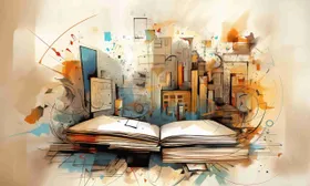 Libro aperto da cui si solleva una città di edifici e fogli