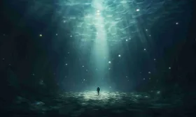 Fondale marino con una figura minuscola e raggi di luce che scendono dalla superficie