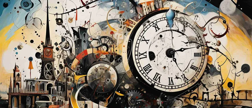 Collage surreale di orologi, ingranaggi e guglie in azzurro, rosso e avorio