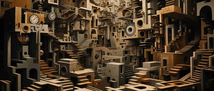 Labirinto monocromo di scale impossibili, blocchi e orologi