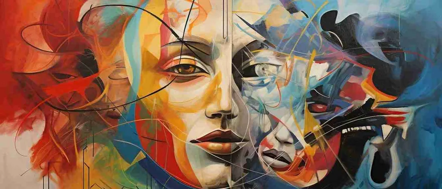 Due volti sovrapposti in pennellate cubiste rosse, blu e gialle