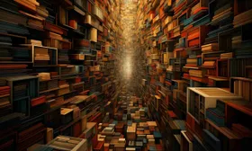 Corridoio infinito di scaffali di libri che converge verso una luce lontana