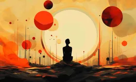 Silhouette seduta in meditazione davanti a un grande sole pallido, fra sfere rosse