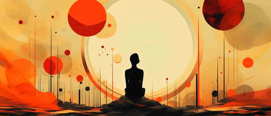 Silhouette seduta in meditazione davanti a un grande sole pallido, fra sfere rosse