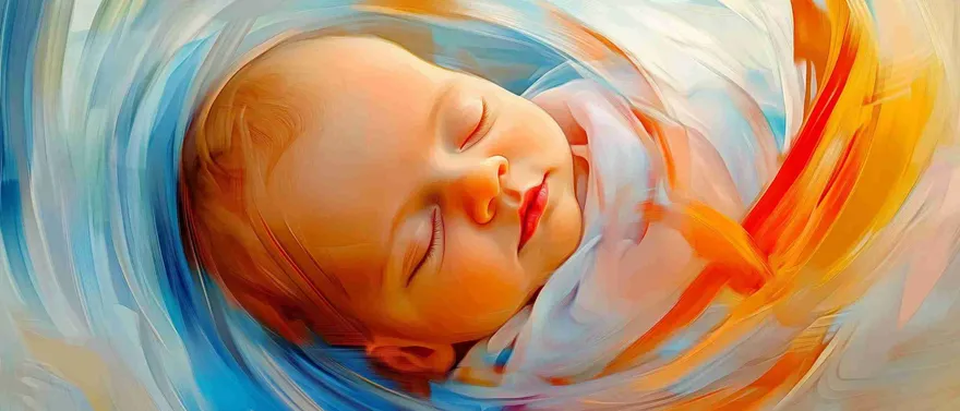 Neonato addormentato avvolto in pennellate bianche, azzurre e arancioni