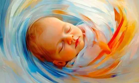 Neonato addormentato avvolto in pennellate bianche, azzurre e arancioni