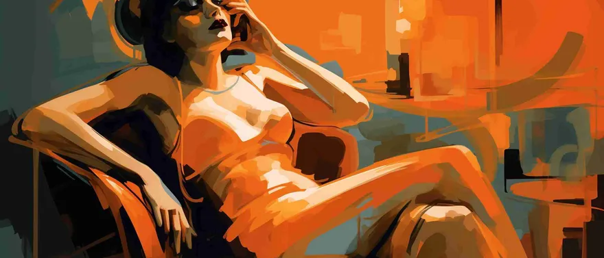 Donna stilizzata semisdraiata in poltrona su fondo arancione piatto