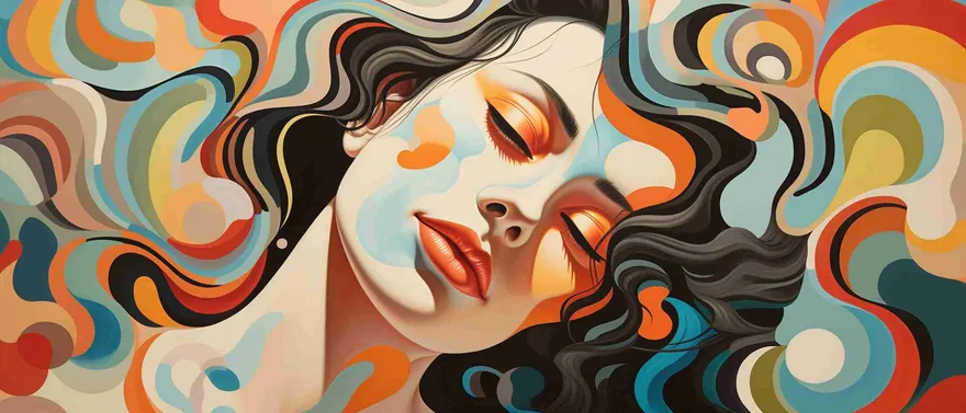 Volto femminile disteso, capelli che si sciolgono in onde psichedeliche