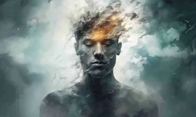 Busto di figura che si dissolve nella nebbia grigia