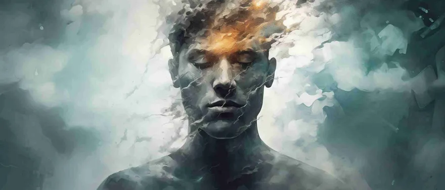 Busto di figura che si dissolve nella nebbia grigia