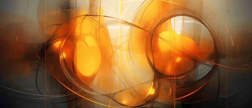 Sfere arancioni luminose dietro linee curve scure, in una foschia calda