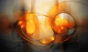 Sfere arancioni luminose dietro linee curve scure, in una foschia calda