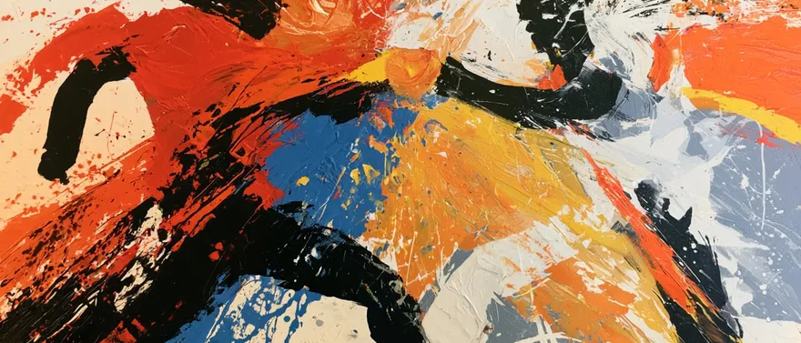 Due figure che si scontrano, dipinte a pennellate nere fra esplosioni di arancione, rosso e blu