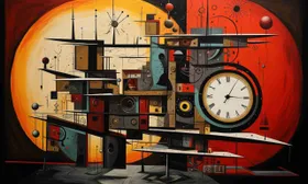 Composizione costruttivista con orologio, blocchi e sfere davanti a un grande sole arancione
