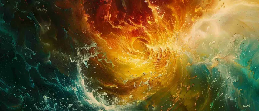 Vortice di arancione infuocato e verde petrolio, come un’onda in movimento