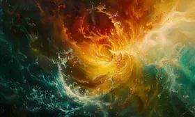 Vortice di arancione infuocato e verde petrolio, come un’onda in movimento